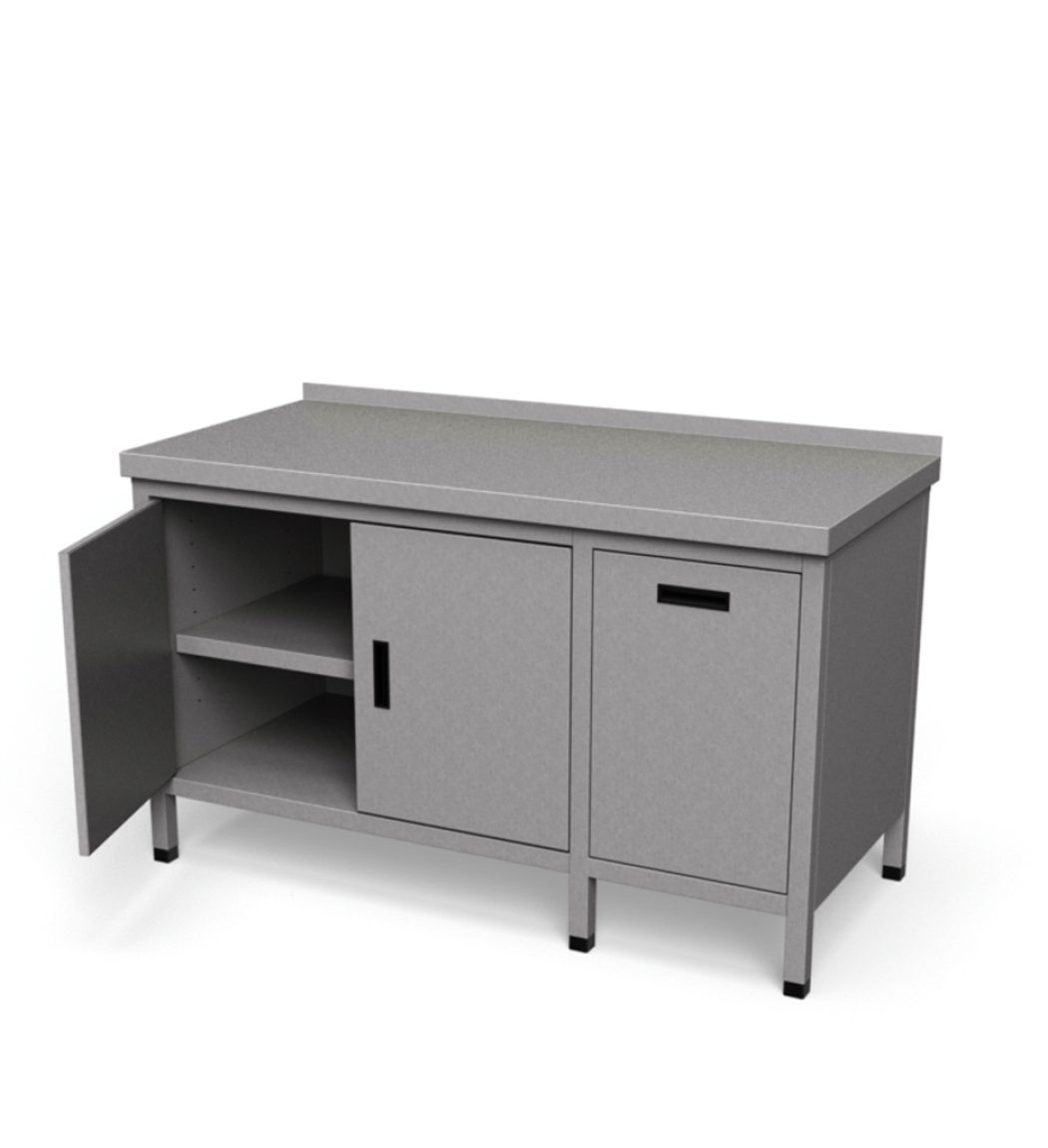 Nerezový pracovný stôl s výklopným košom a otváracími dverami | SD-3