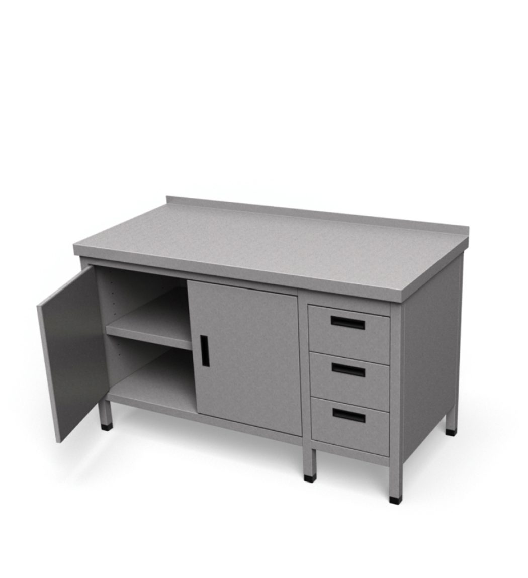 Nerezový pracovný stôl so zásuvkami a otváracími dverami | ZS-5